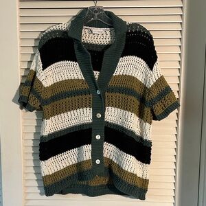 Zara Green/ Black/ Cream Multi Stripe S/S Cotton Knit Cardigan